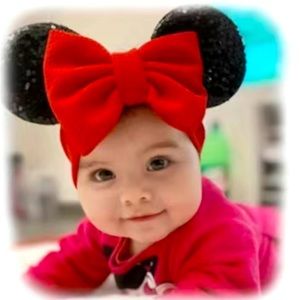 Disney Mickey Mouse Sequin Ears Red waffle wide Headband bow NWOT!